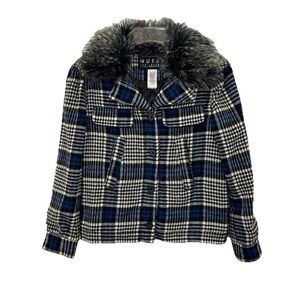 GUESS Girls Blue Plaid Jacket with Faux Fur Collar L-14